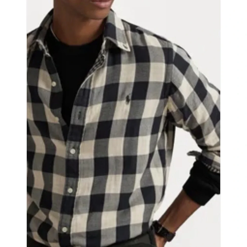 Ralph Lauren Shirt Men's Double-Faced Buffalo Plaid Black Cream Sz M SOFT!